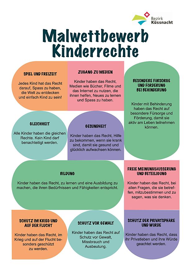 Malwettbewerb Kinderrechte SPIEL UND FREIZEIT Jedes Kind hat das Recht  darauf, Spass zu haben,   die Welt zu entdecken   und einfach Kind zu sein! ZUGANG ZU MEDIEN Kinder haben das Recht,   Medien wie Bücher, Filme und  das Internet zu nutzen, die  ihnen helfen, Neues zu lernen  und Spass zu haben. GLEICHHEIT Alle Kinder haben die gleichen  Rechte. Kein Kind darf   benachteiligt werden. BILDUNG GESUNDHEIT Kinder haben das Recht, Hilfe  zu bekommen, wenn sie krank  sind, damit sie gesund und  glücklich aufwachsen können. Kinder haben das Recht, zu lernen und eine Ausbildung zu  machen, die ihren Bedürfnissen und Fähigkeiten entspricht. BESONDERE FÜRSORGE   UND FÖRDERUNG   BEI BEHINDERUNG Kinder mit Behinderung  haben das Recht auf   besondere Fürsorge und  Förderung, damit sie   aktiv am Leben teilnehmen  können. FREIE MEINUNGSÄUSSERUNG  UND BETEILIGUNG Kinder haben das Recht, bei  allen Fragen, die sie betref fen, mitzubestimmen und zu  sagen, was sie denken. SCHUTZ IM KRIEG UND   AUF DER FLUCHT Kinder haben das Recht, im  Krieg und auf der Flucht be sonders geschützt   zu werden. SCHUTZ VOR GEWALT Kinder haben das Recht auf  Schutz vor Gewalt,   Missbrauch und   Ausbeutung. SCHUTZ DER PRIVATSPHÄRE  UND WÜRDE Kinder haben das Recht, dass  ihr Privatleben und ihre Würde  geachtet werden.